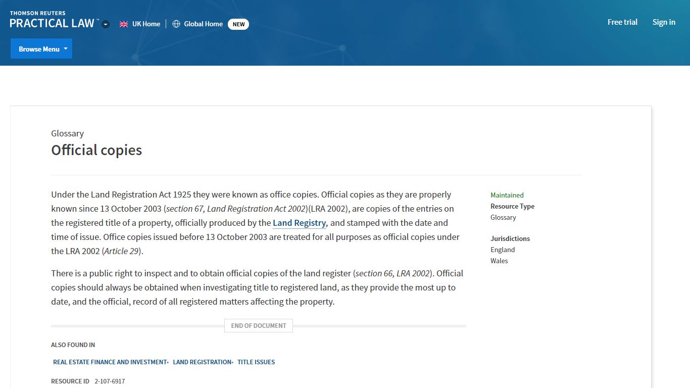 Official copies | Practical Law